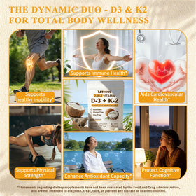 Capsules de complément LETSCOL D3 K2 2-en-1 sur fond blanc