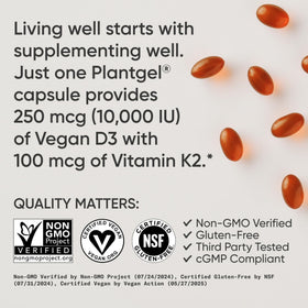 Capsules de complément Vegan D3 + K2, Sports Research sur une surface blanche