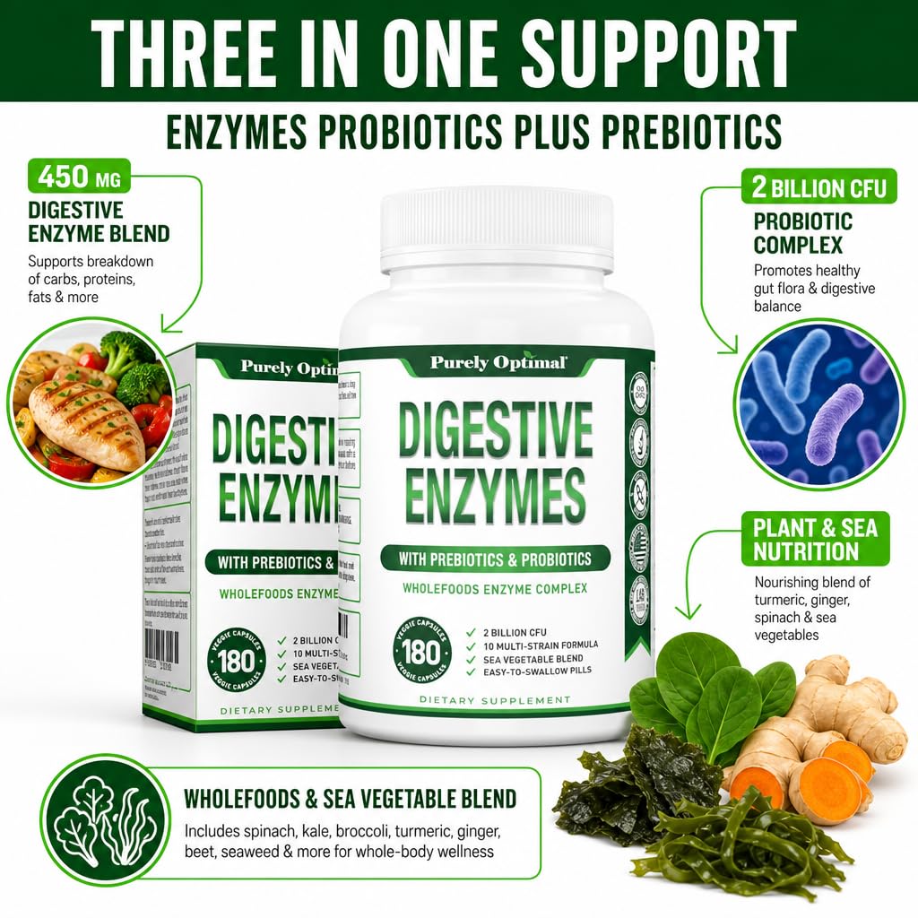 Capsules de compléments alimentaires multi-enzymes Purely Optimal sur une surface blanche