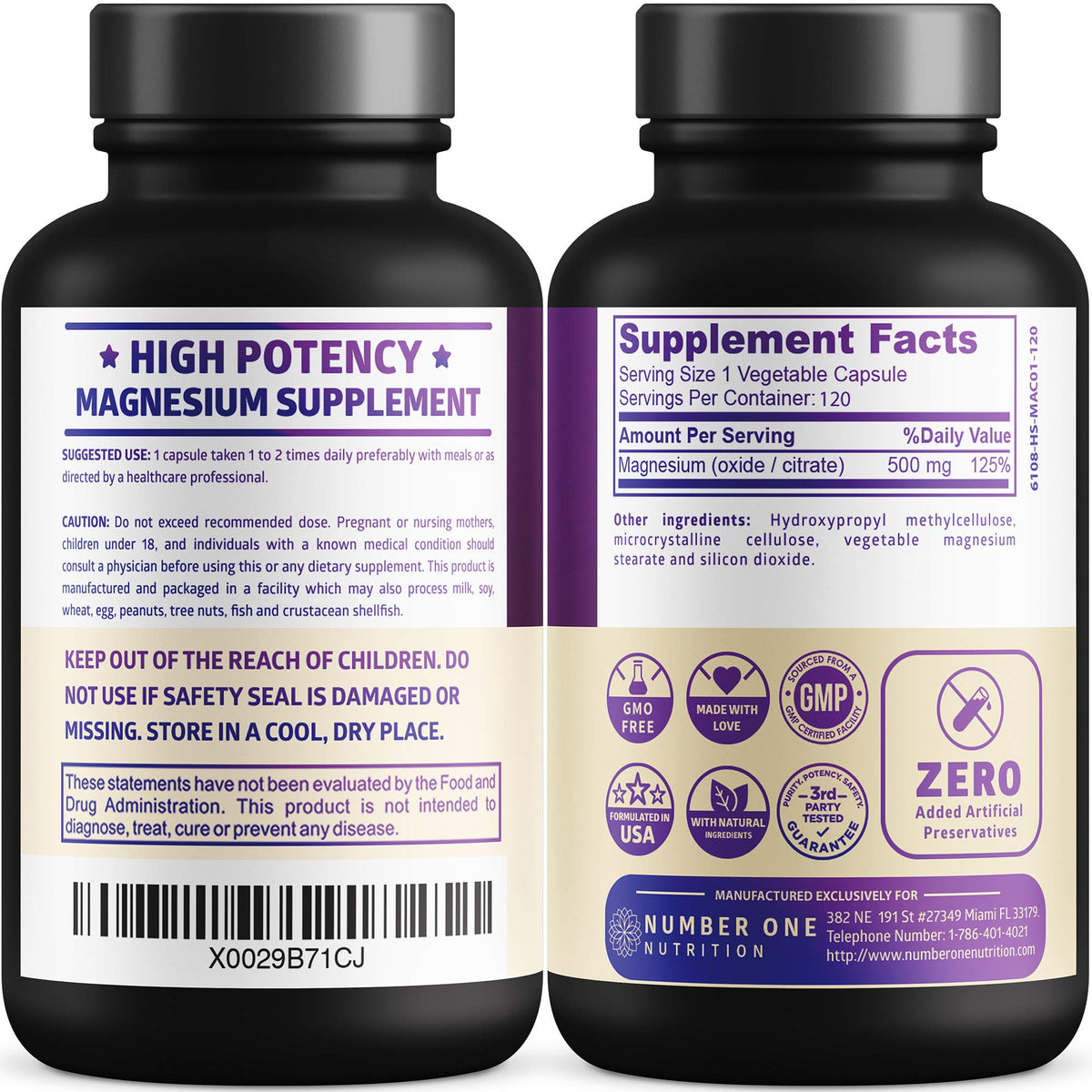 Capsules de Complexe de Magnésium 500mg Number One Nutrition sur fond blanc