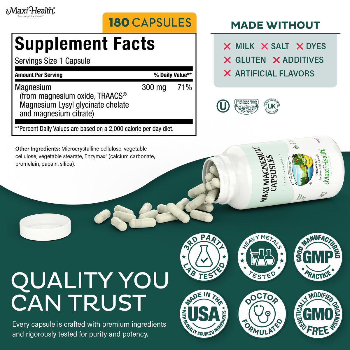 Capsules de Complexe de Magnésium Maxi Health dans la main