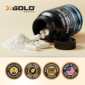 Capsules de complexe de magnésium X Gold Health dans une main