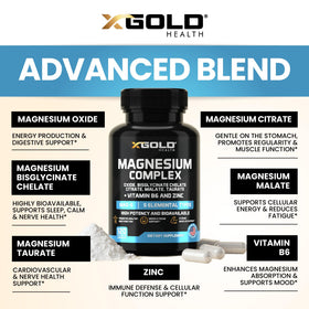 Capsules de complexe de magnésium X Gold Health sur une surface blanche