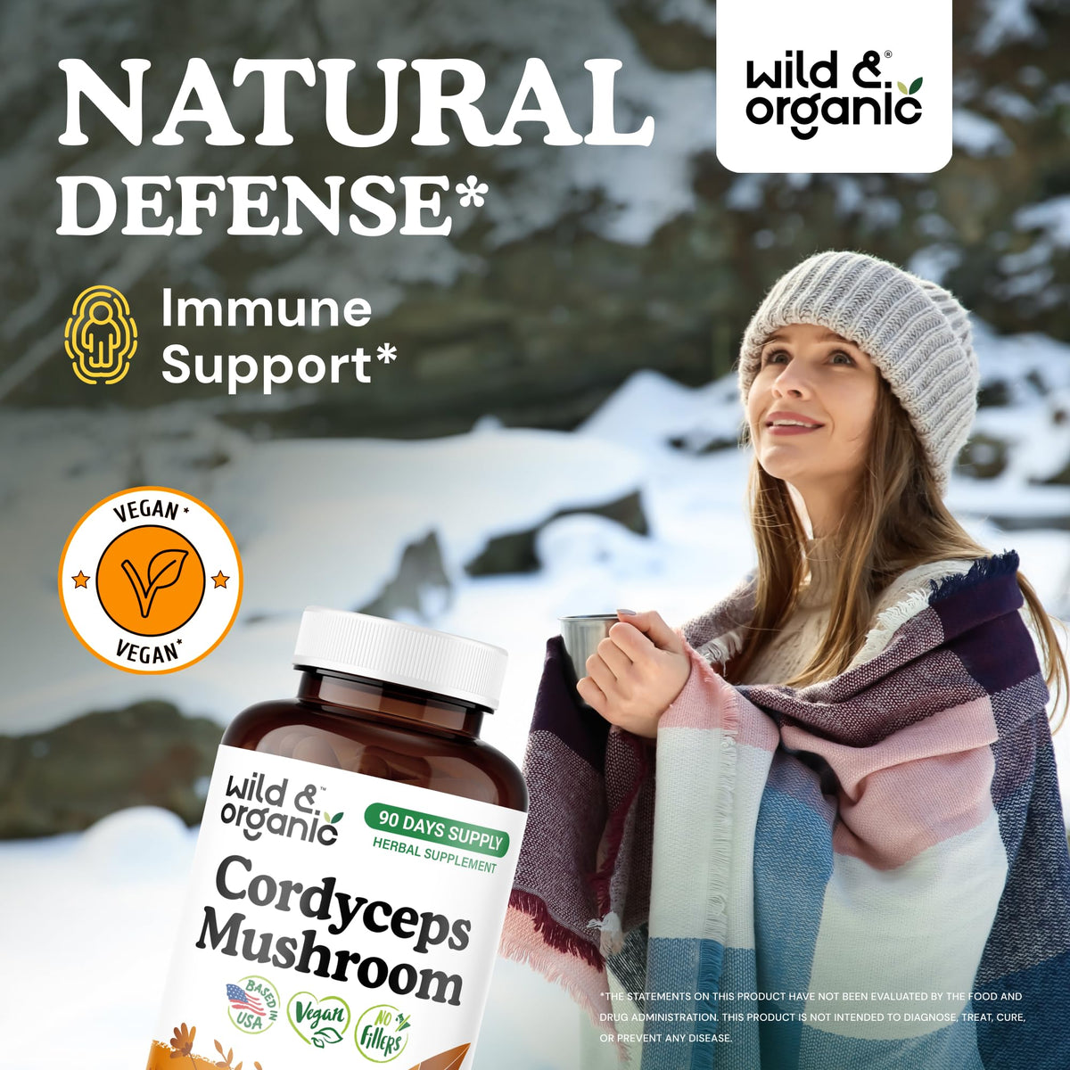 Capsules de cordyceps Wild & Organic sur une surface blanche