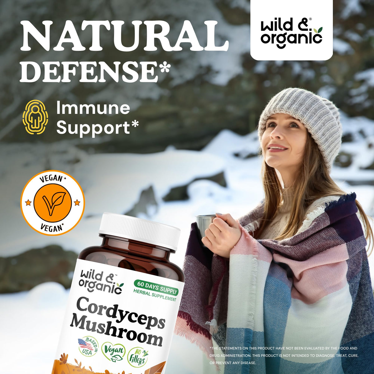 Capsules de cordyceps Wild & Organic sur une table