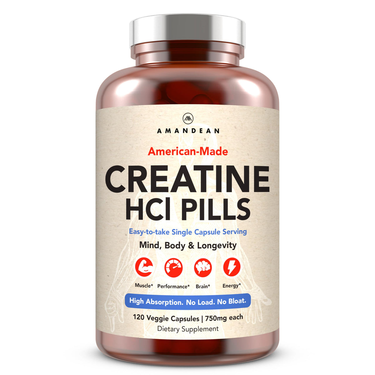 Capsules de créatine HCl AMANDEAN 750mg vue de face