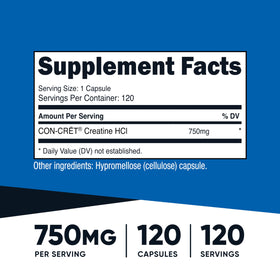 Capsules de Créatine HCl Nutricost sur fond blanc