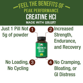 Capsules de créatine HCl Peak Performance sur une surface blanche
