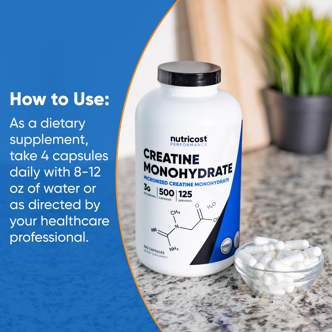 Capsules de créatine micronisée Nutricost sur une table