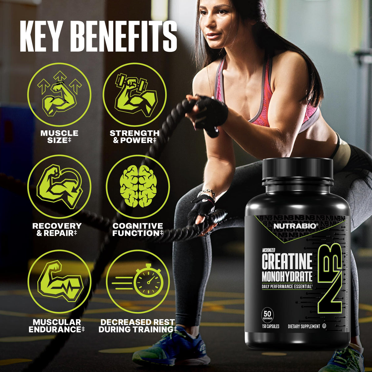 Capsules de créatine monohydrate NutraBio dans un verre
