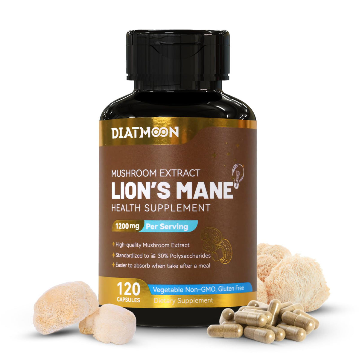 Capsules de Crinière de Lion DIATMOON 1200mg avec bouteille ouverte