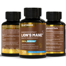 Capsules de Crinière de Lion DIATMOON avec des ingrédients naturels en arrière-plan