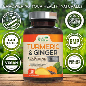 Capsules de curcuma à côté de la bouteille Health Nutrition Naturals