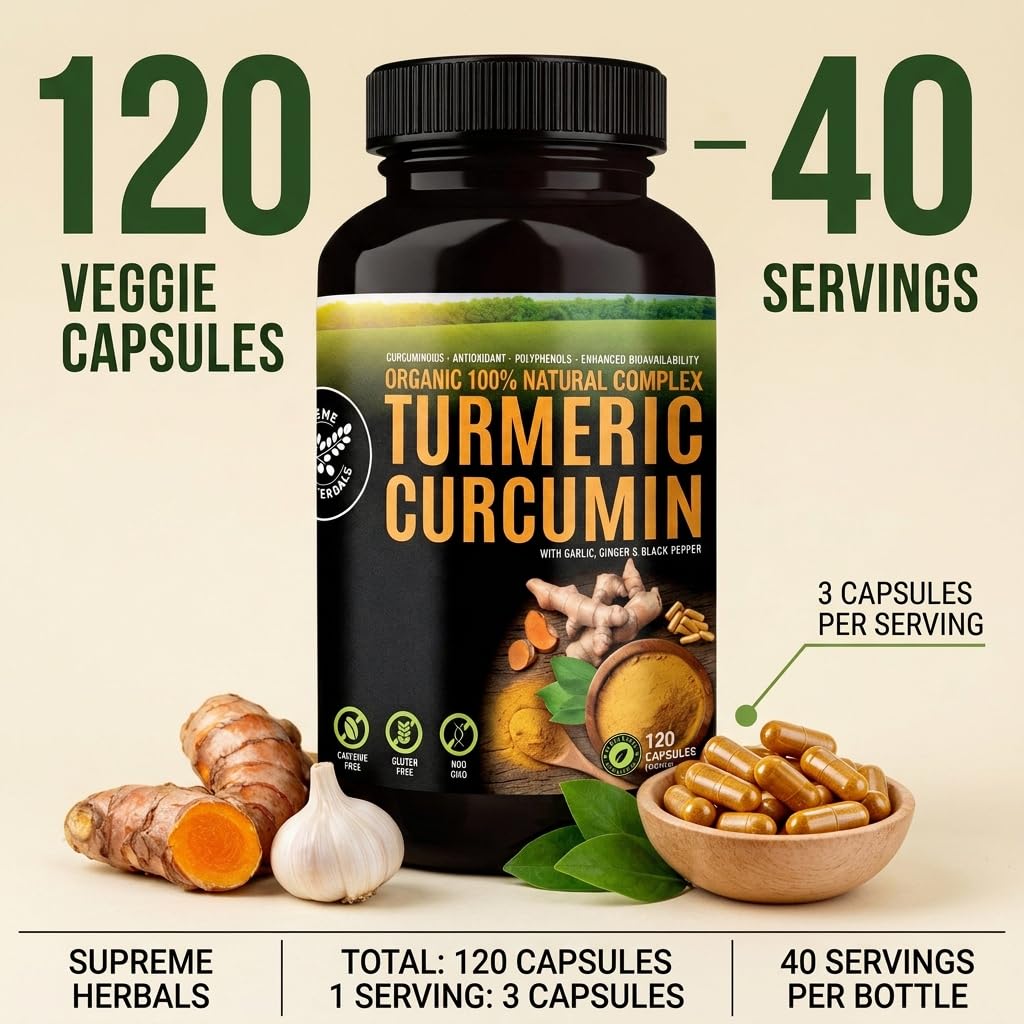 Capsules de Curcuma Bio 500mg de HERBALS avec un fond naturel