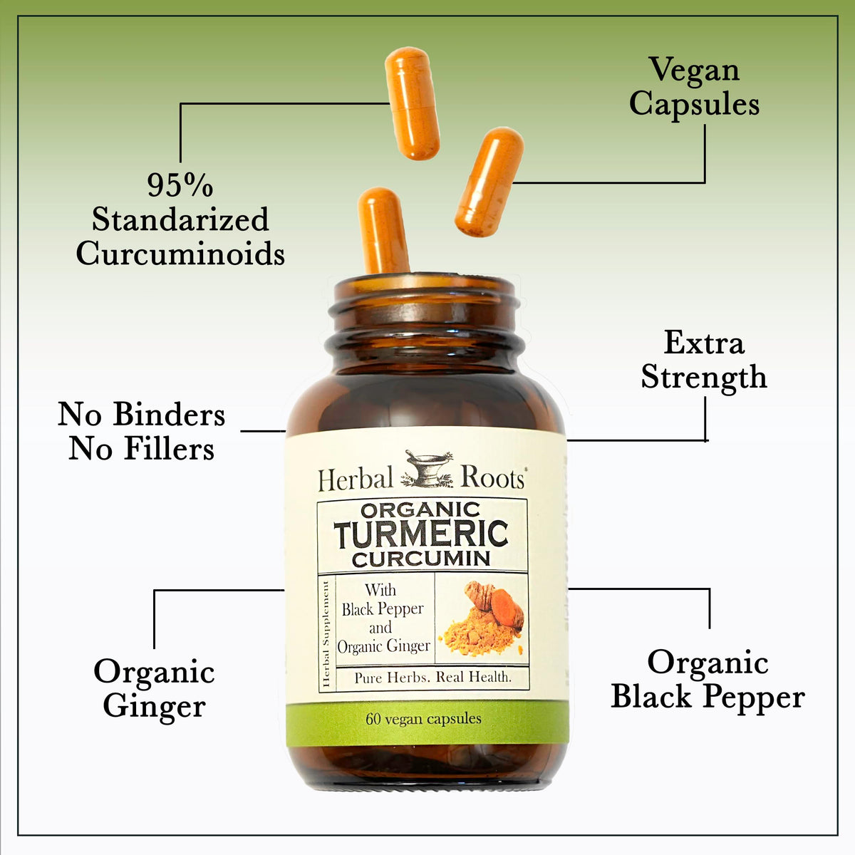 Capsules de curcuma bio Herbal Roots avec gingembre et poivre noir