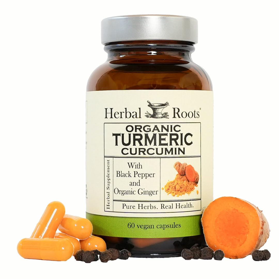Capsules de curcuma bio Herbal Roots modèle avant avec étiquette