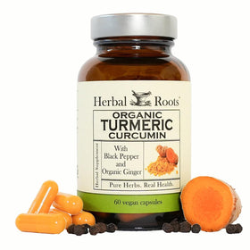 Capsules de curcuma bio Herbal Roots modèle avant avec étiquette