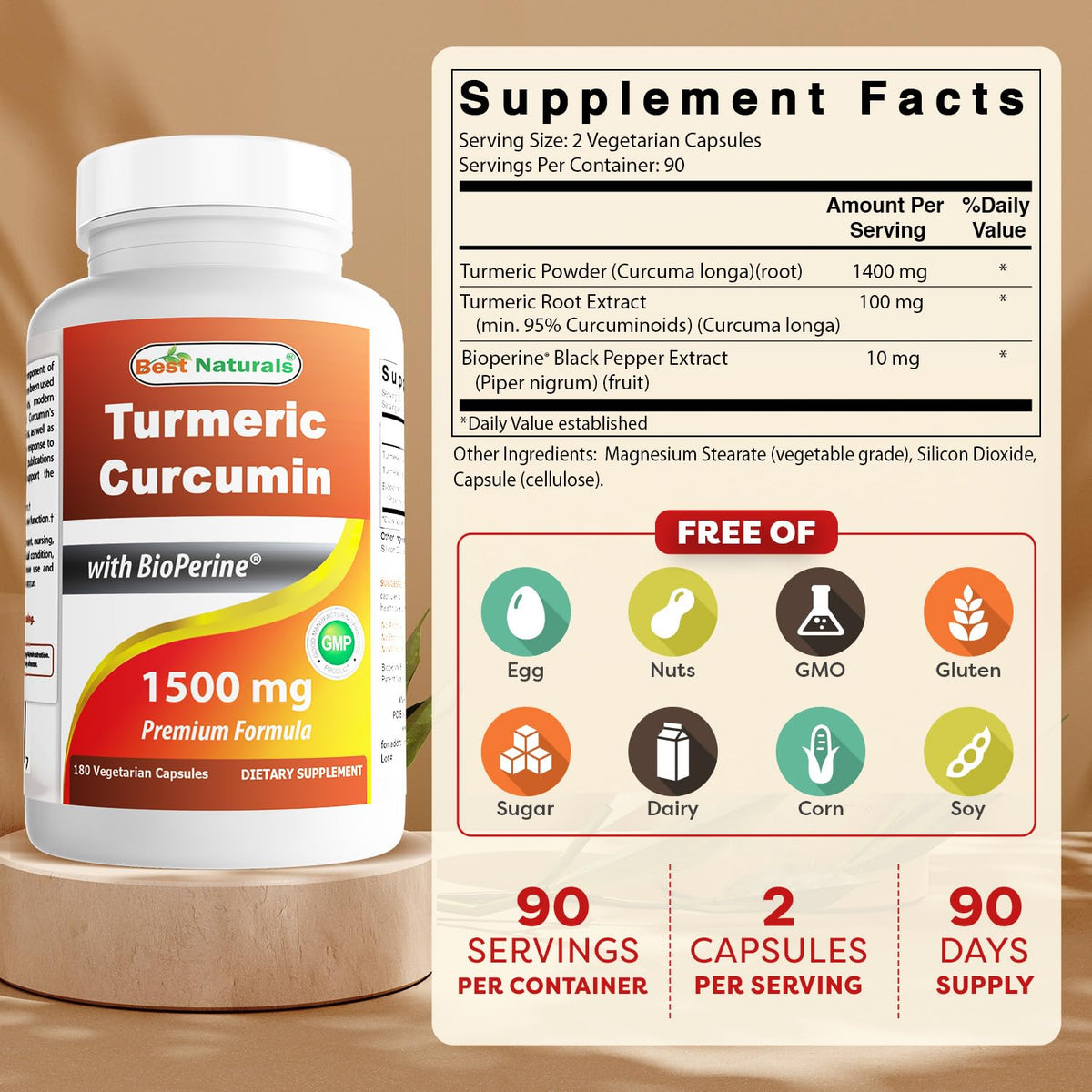 Capsules de Curcuma Curcumin Best Naturals avec Bioperine en vue rapprochée