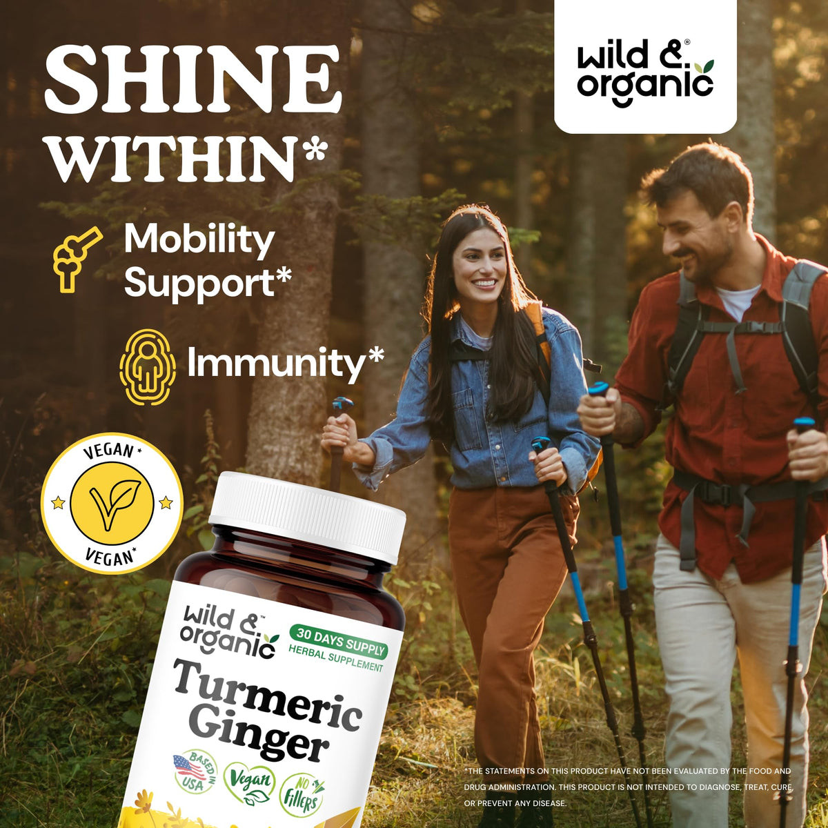 Capsules de curcuma et gingembre Wild & Organic sur une surface blanche