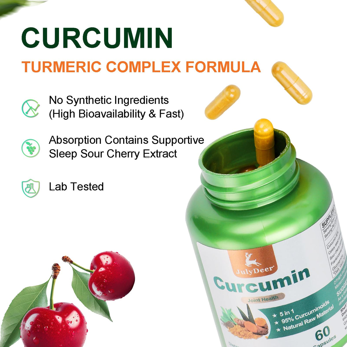 Capsules de curcuma JulyDeer avec un fond naturel