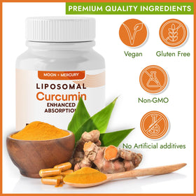 Capsules de curcuma liposomal de Moon + Mercury sur une surface blanche