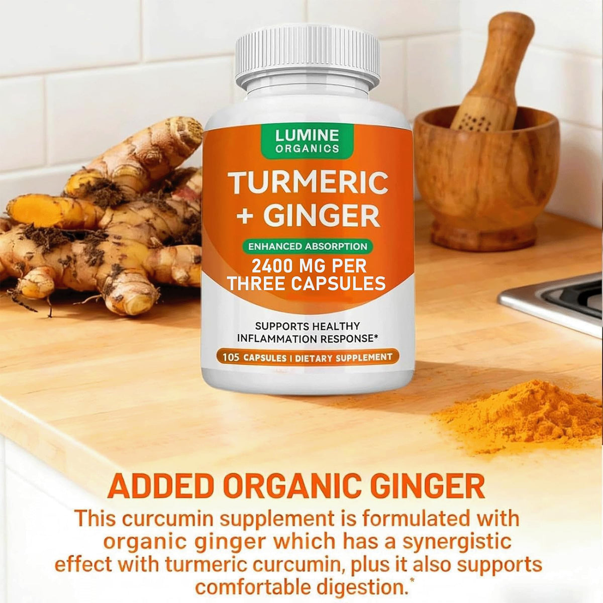 Capsules de curcuma Lumine Organic sur fond blanc
