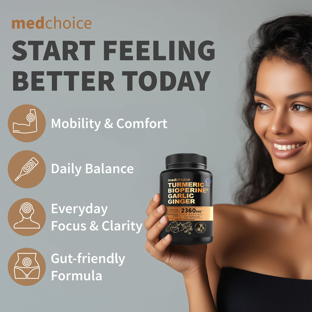Capsules de curcuma MEDCHOICE sur une surface en bois