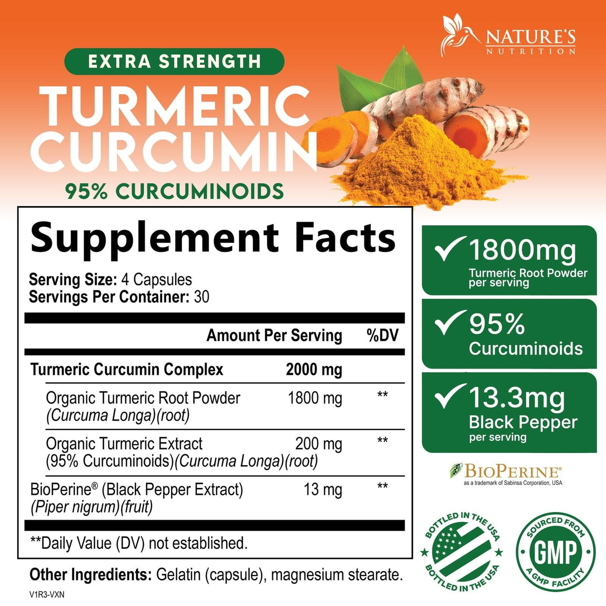 Capsules de curcuma Nature's Nutrition sur une surface blanche