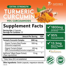Capsules de curcuma Nature's Nutrition sur une surface blanche