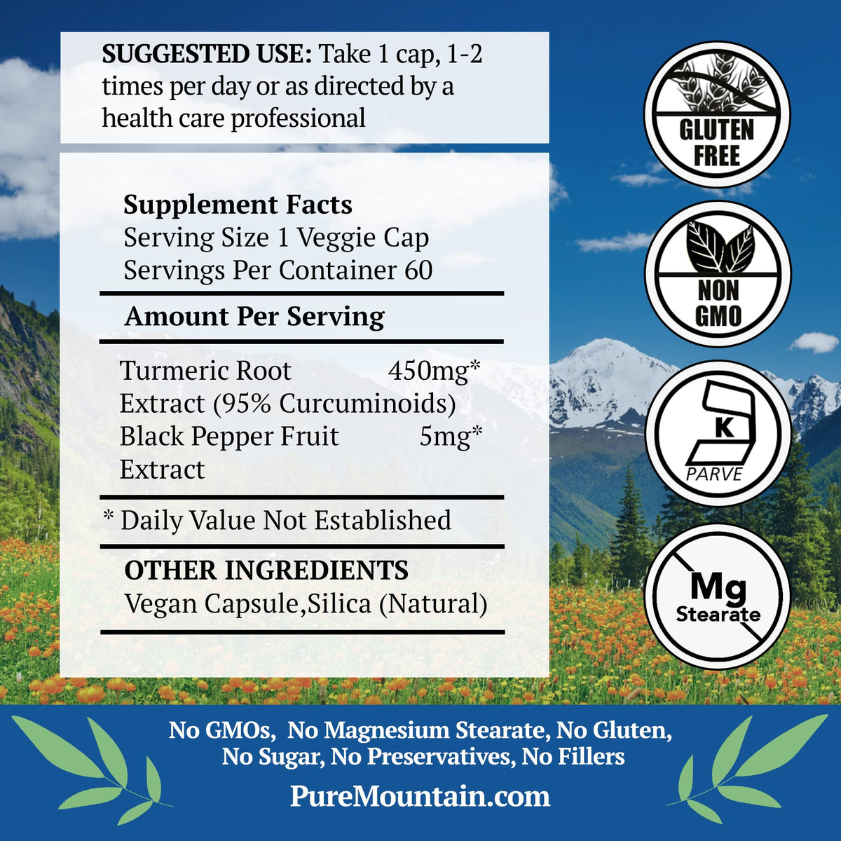 Capsules de curcuma Pure Mountain Botanicals sur une table