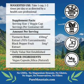 Capsules de curcuma Pure Mountain Botanicals sur une table