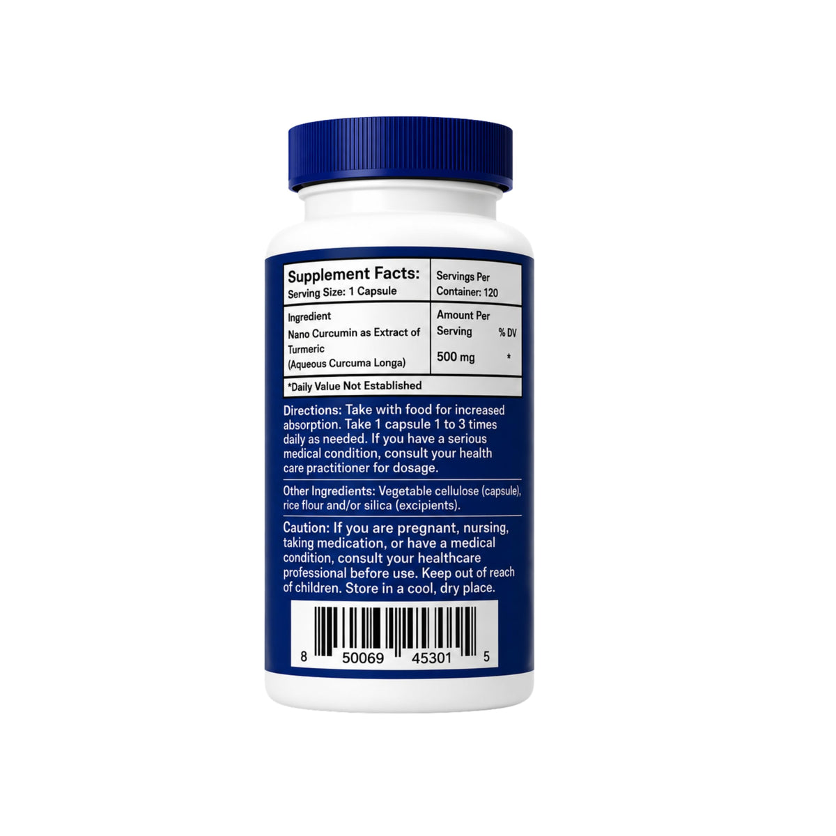 Capsules de Curcumin Nano 500 mg, vue de côté montrant la taille