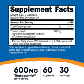 Capsules de curcumin Theracurmin Nutricost sur fond blanc