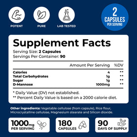 Capsules de D-Mannose 1000mg avec canneberge sur fond blanc