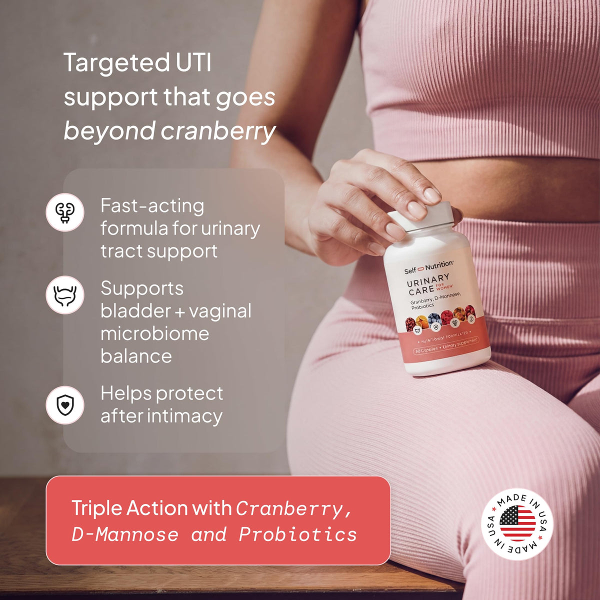 Capsules de D-Mannose SELF NUTRITION sur une surface blanche