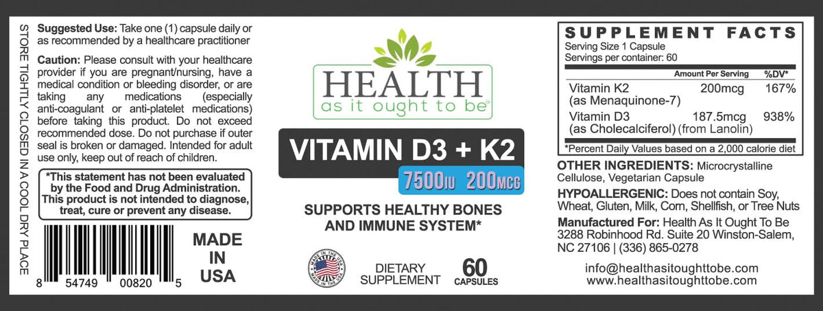 Capsules de D3 + K2 avec dosage de 7500 IU et 200 mcg