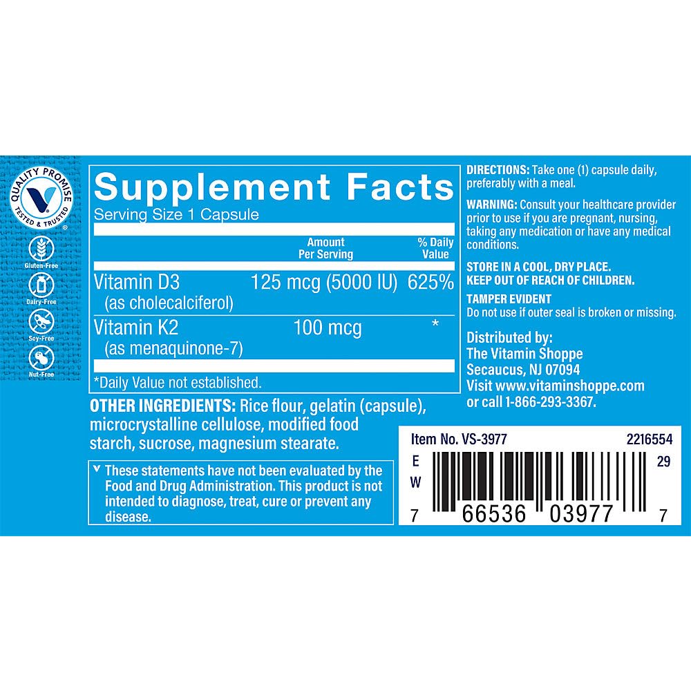 Capsules de D3 & K2 MK7 de The Vitamin Shoppe sur fond blanc