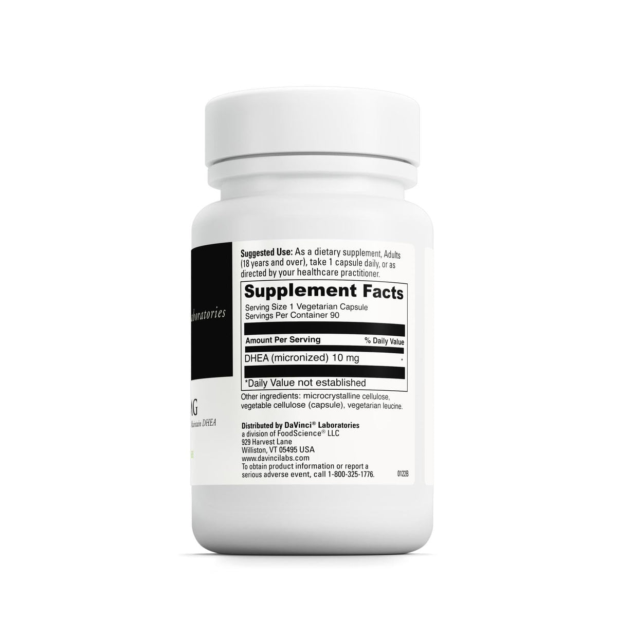 Capsules de DAVINCI Micronized DHEA 10mg sur fond blanc