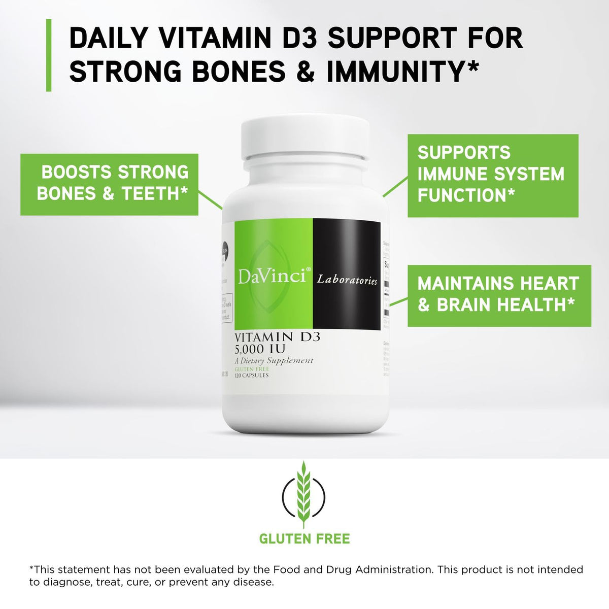 Capsules de DAVINCI Vitamine D3 5000 UI sur une surface blanche