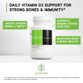 Capsules de DAVINCI Vitamine D3 5000 UI sur une surface blanche