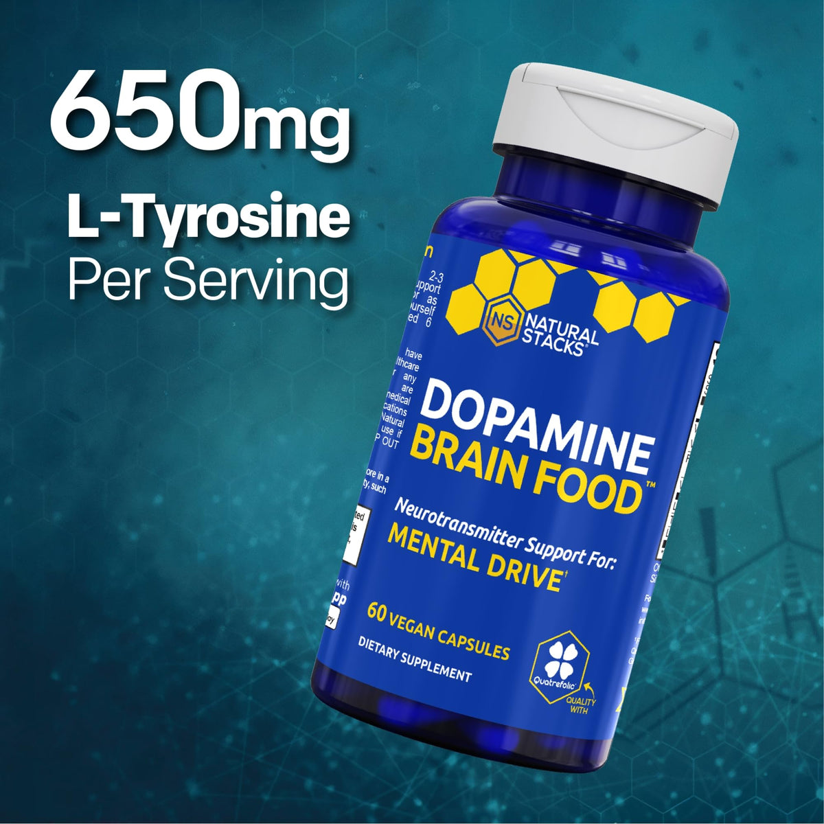 Capsules de Dopamine Brain Food NATURAL STACKS sur une surface blanche