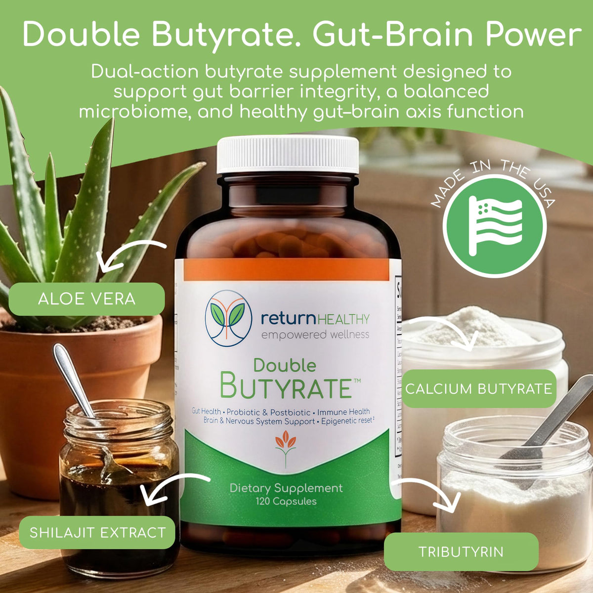 Capsules de Double Butyrate Return Healthy sur une surface blanche