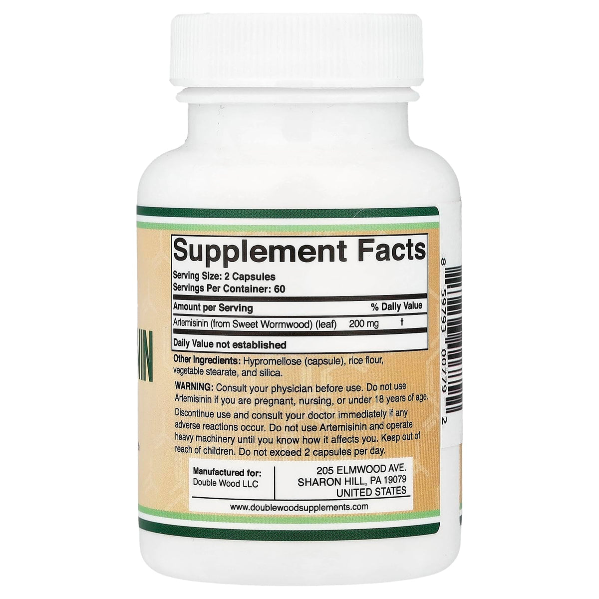 Capsules de Double Wood Artemisinin 200mg sur une surface blanche