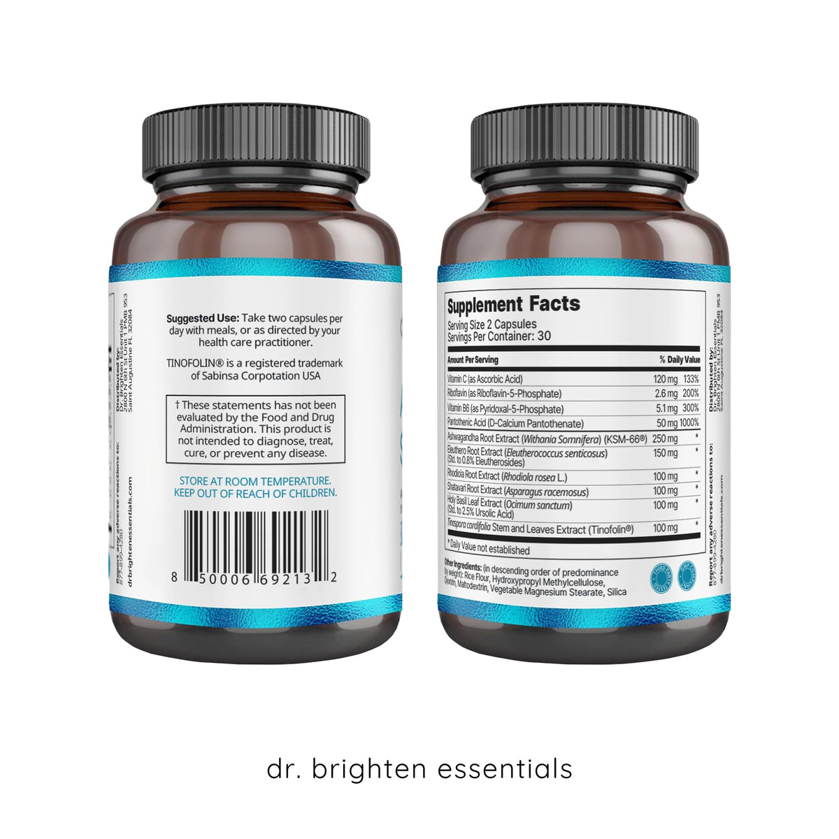 Capsules de Dr. Brighten Support Surrénal sur une surface blanche