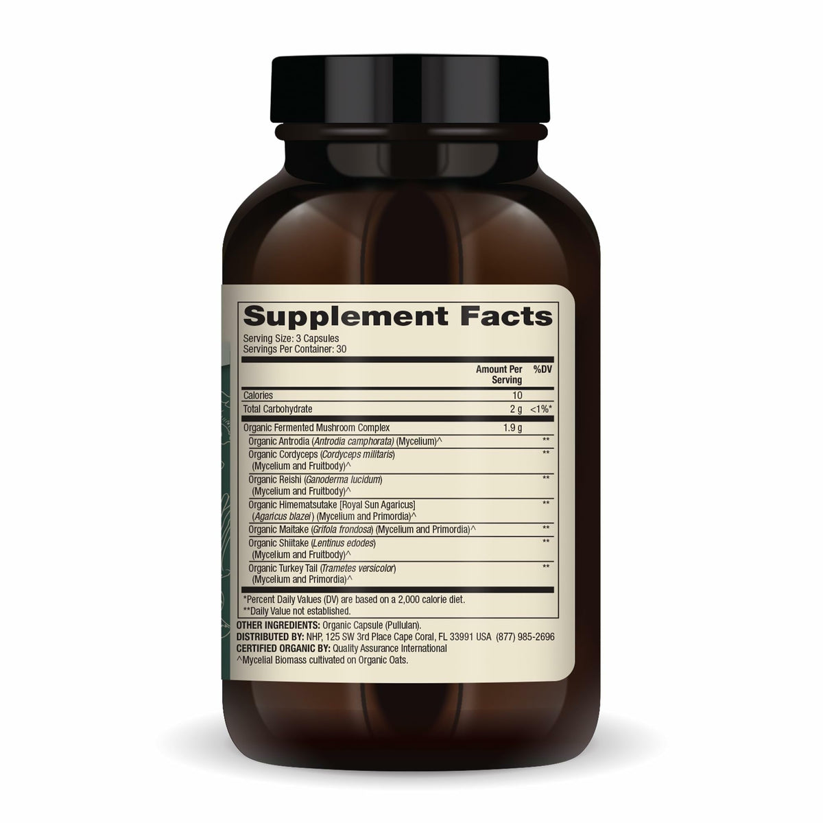 Capsules de Dr. Mercola Complexe de Champignons Fermentés Bio sur fond blanc