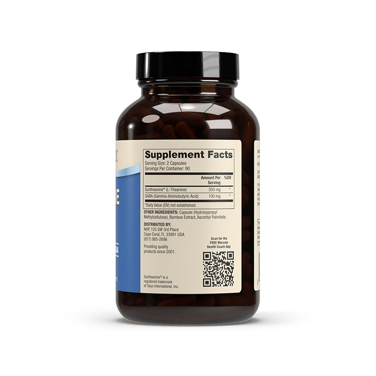 Capsules de Dr. Mercola L-Theanine Plus GABA sur fond blanc