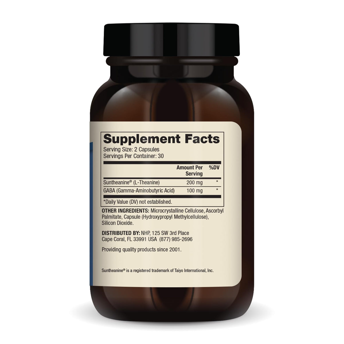 Capsules de Dr. Mercola L-Theanine Plus GABA sur une surface blanche
