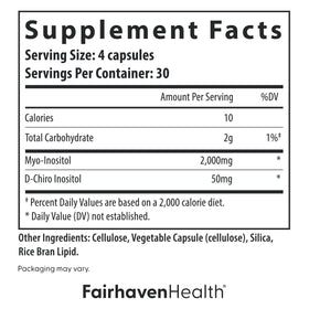 Capsules de Fairhaven Health Myo-Inositol et D-Chiro Inositol sur une surface