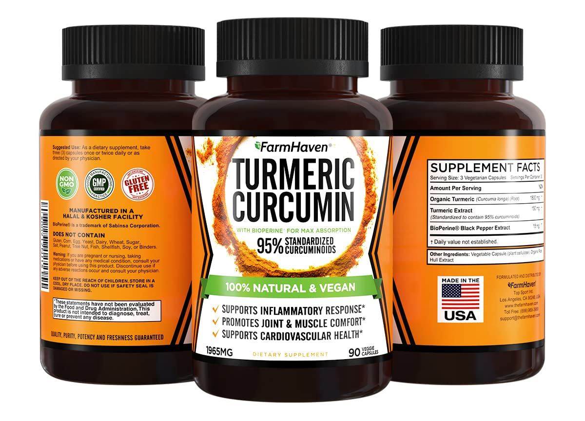 Capsules de FarmHaven Curcuma Curcumin sur une table