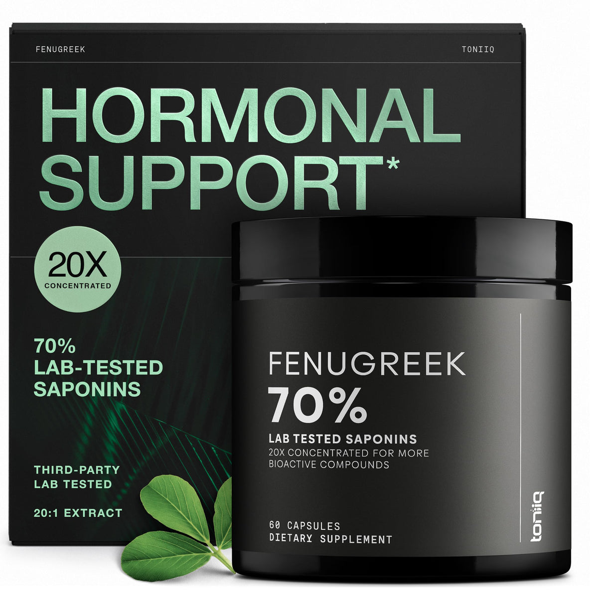 Capsules de fenugrec Toniiq 1250mg vue de face avec emballage